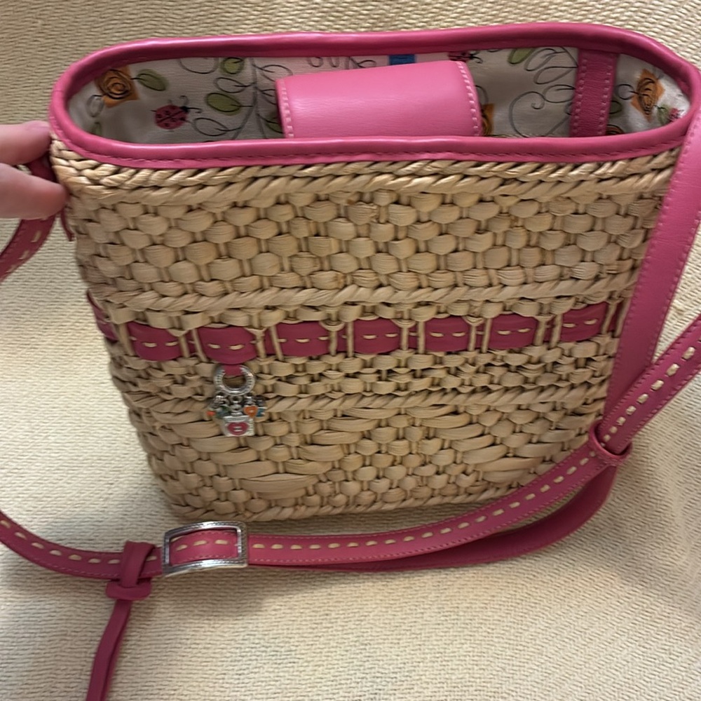 Brighton Pink Leather and Natural Tan Woven Bag with Charms, Adjustable Strap